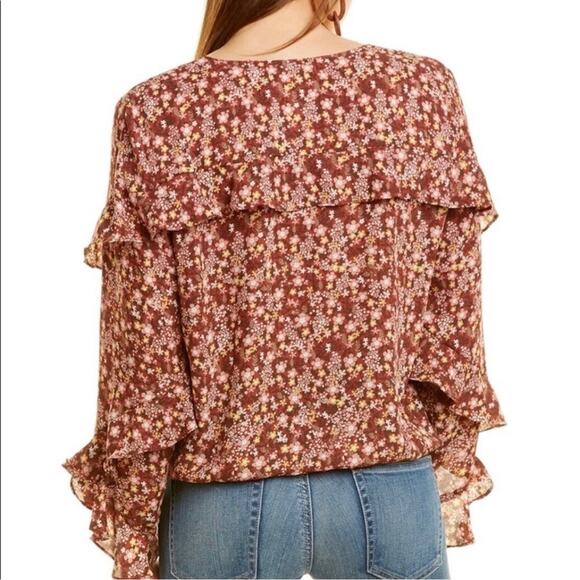NWT Max Studio Brick Red Faux-Wrap Ditsy Floral Ruffle Long Sleeve Blouse Top M - Picture 2 of 12